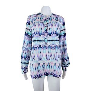 Fred David Medium Split V Neck Abstract Boho Colorful Tie Dye Duck Hem Blouse